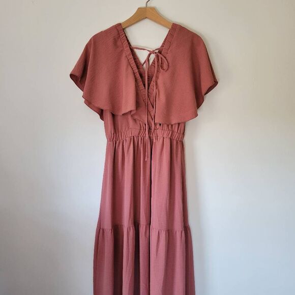 Simplee Dusty Rose Flutter Sleeve Tiered Maxi Dress Women’s Size S - Picture 5 of 8
